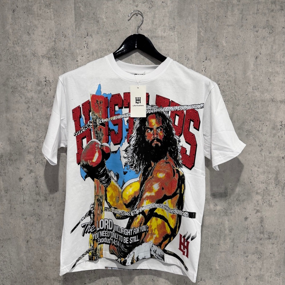 Life Hustlers Mens White Boxing Rhinestone Graphic Tee Shirt Exodus 14:14 Small